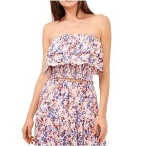 New 1.STATE REVOLVE Floral Pink Multi Strapless Smocked Ruffle Top Size XL